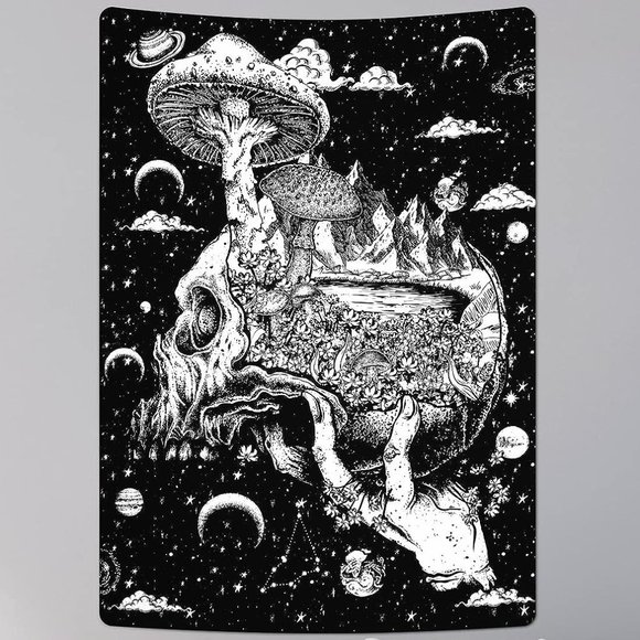 Hand Holding Skull Black White Mushroom Moon Celestial Fantasy Big Wall Tapestry